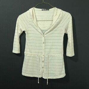 Coin 1804 Women's Small Lightweight Hooded Cardigan Cream‎ Stripe 3/4 Sleeve